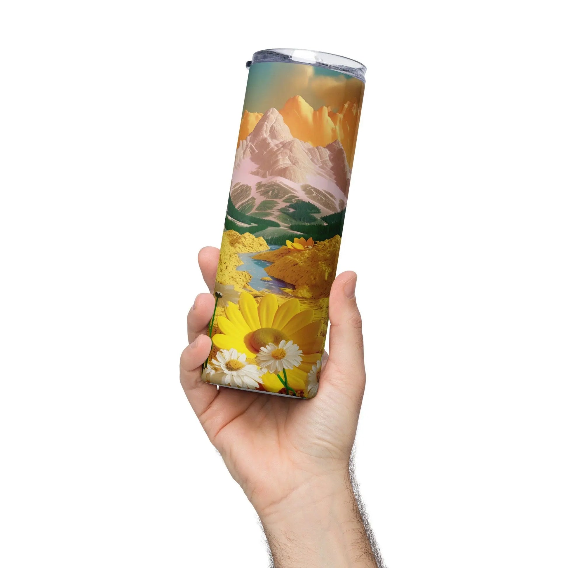 Personalized 3D Cute Embroidered Aesthetic White and Yellow Mountain Tumbler Yellow Daisies.