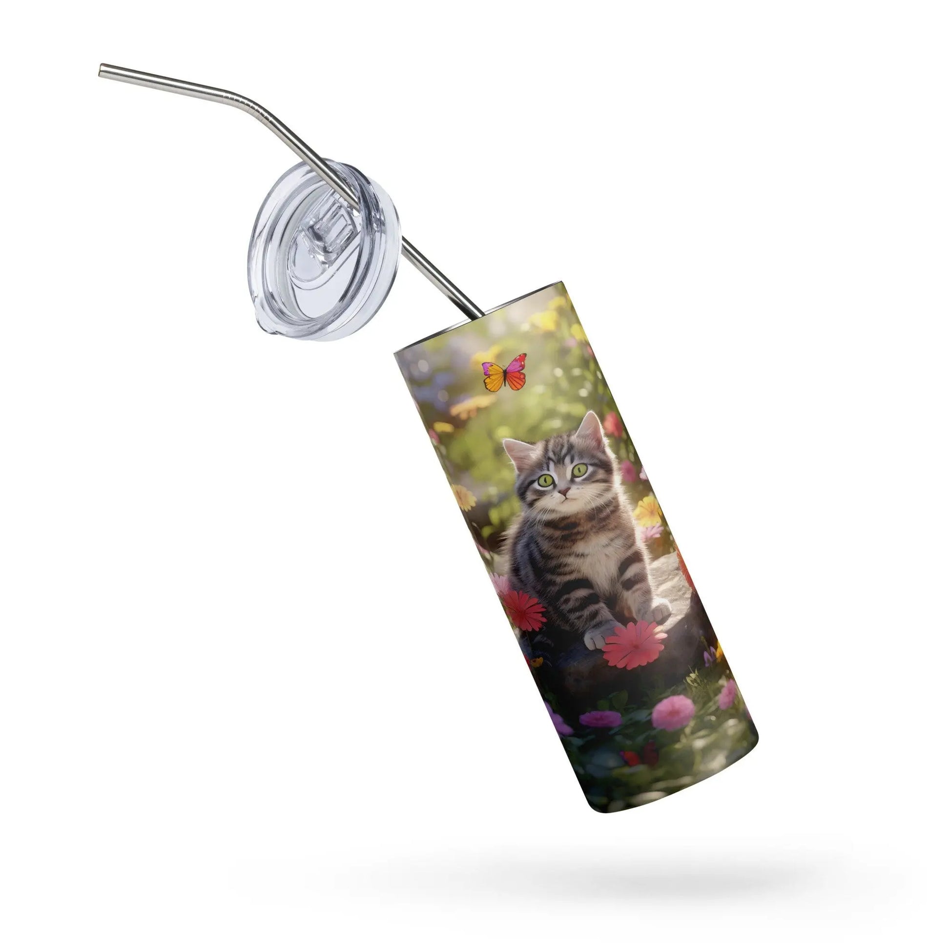 Personalized Cute Cat Lovers Cat in a Beautiful Garden Tumbler for Cat Moms Cat Lovers Gift