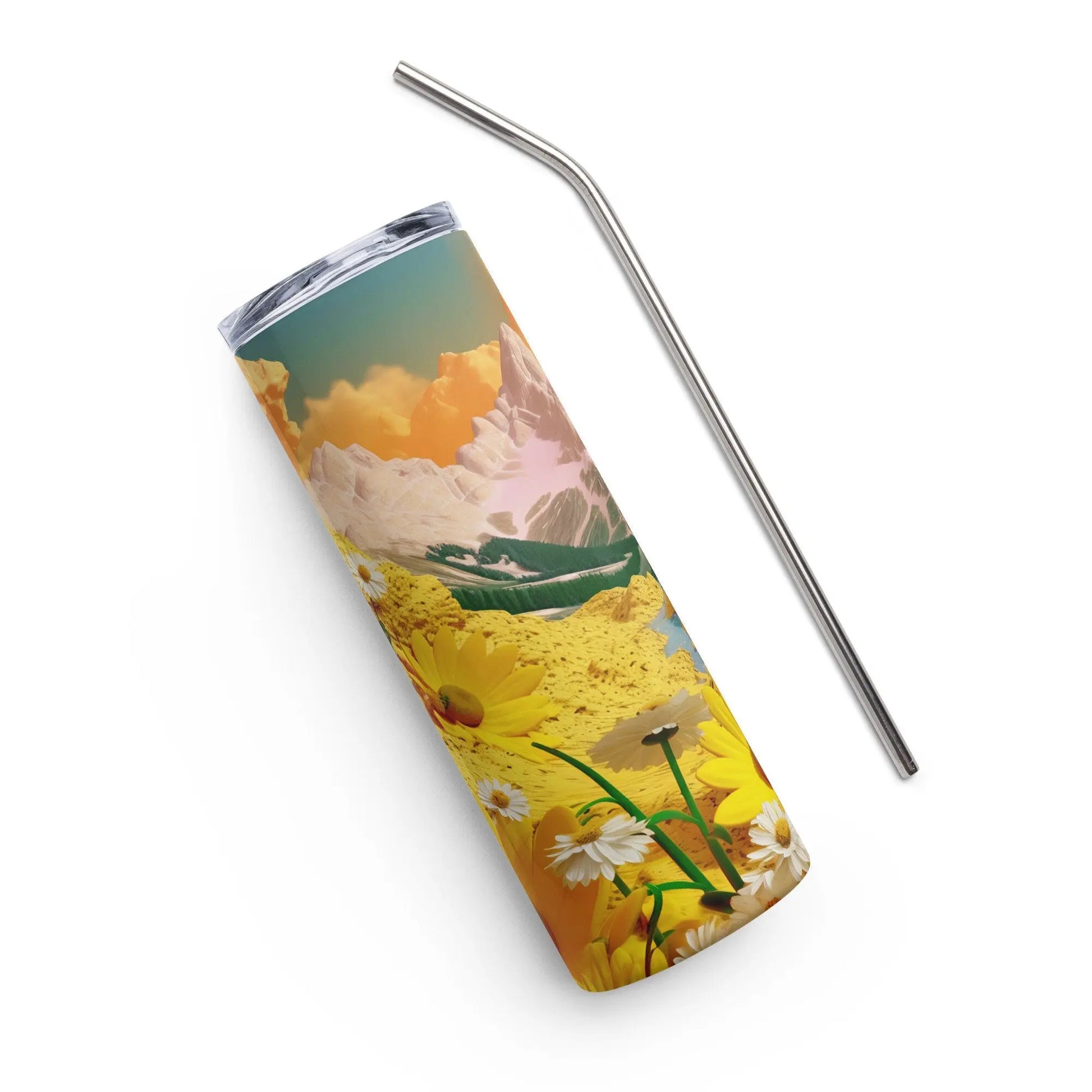Personalized 3D Cute Embroidered Aesthetic White and Yellow Mountain Tumbler Yellow Daisies.